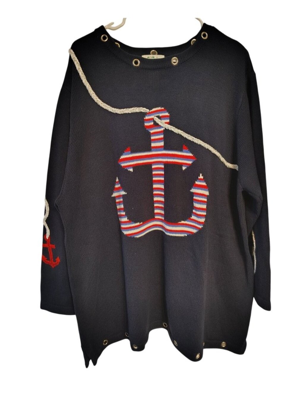 Quacker Factory 2X Anchor Sweater, Navy Blue Nautical Grommet Accent Embroidered